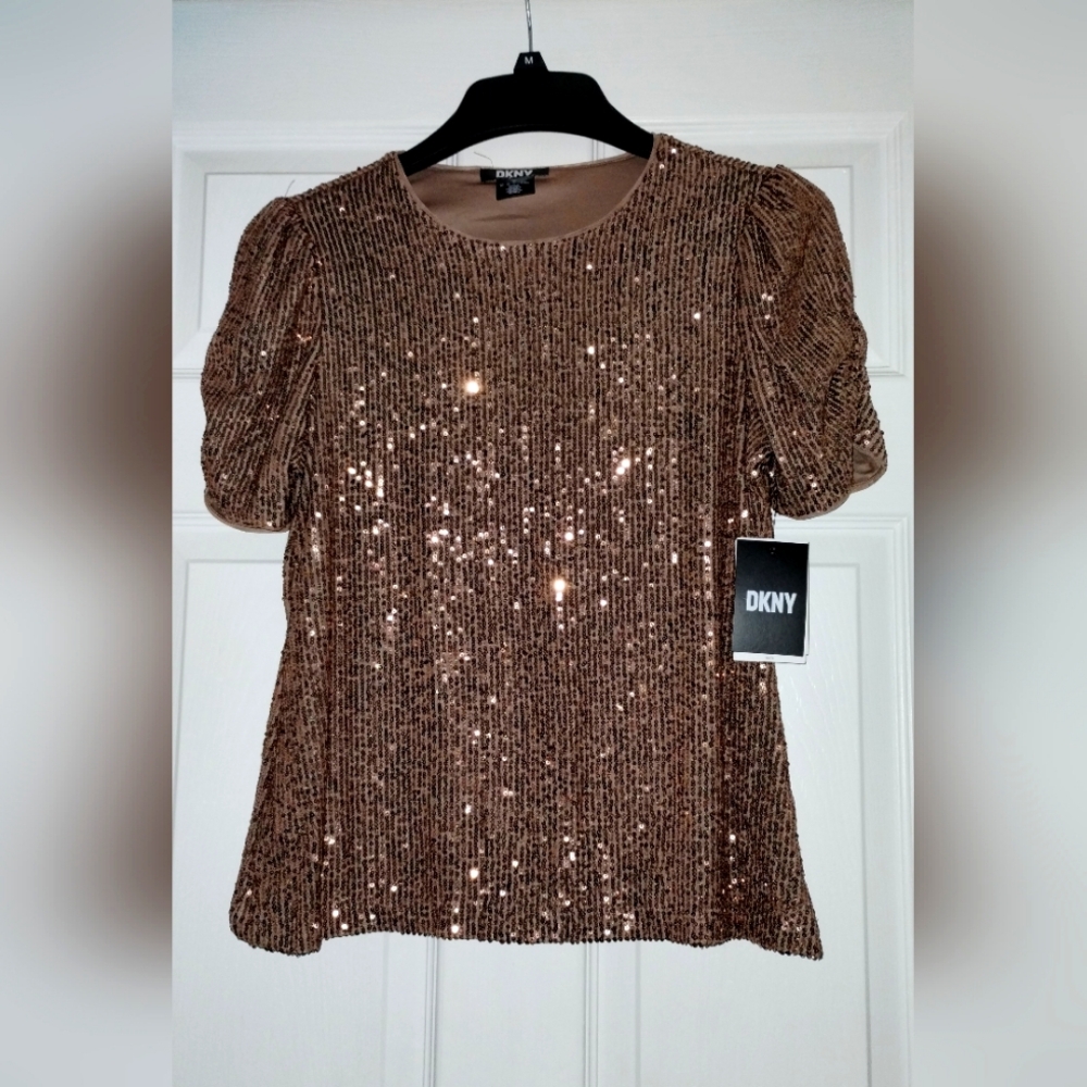 DKNY Taupe Sequin Puff Sleeve Blouse
